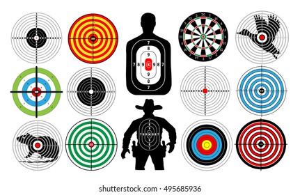 Big Set Of Targets Isolated Animals People Cowboy Man. Targets For Shooting. Darts Board. Vector
