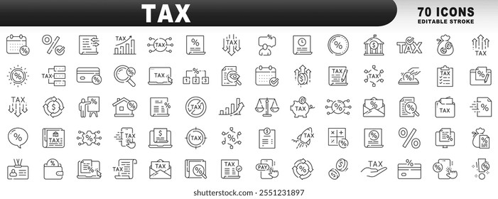 Grande conjunto de ícones de linha relacionados a impostos. Pagamento, relatório, taxa, porcentagem etc. Traçado editável