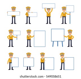 Big set of taxi driver characters posing with different blank banners. Cheerful driver holding paper, poster, placard, pointing to whiteboard. Teach, advertise, promote. Simple vector illustration