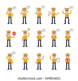 Big set of taxi driver characters showing different actions, gestures, emotions. Cheerful driver talking on phone, holding stop sign, document, book and doing other actions. Simple vector illustration