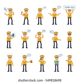 Big set of taxi driver characters showing different actions, gestures, emotions. Cheerful driver singing, sleeping, holding banner, loudspeaker, map and doing other actions. Simple vector illustration