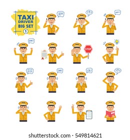 Big set of taxi driver emoticons showing different actions, gestures, emotions. Cheerful driver talking on phone, holding stop sign, document, book and doing other actions. Simple vector illustration