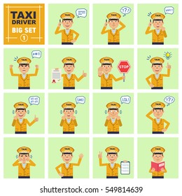 Big set of taxi driver emoticons showing different actions, gestures, emotions. Cheerful driver talking on phone, holding stop sign, document, book and doing other actions. Simple vector illustration
