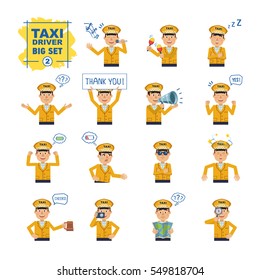 Big set of taxi driver emoticons showing different actions, gestures, emotions. Cheerful driver singing, sleeping, holding banner, loudspeaker, map and doing other actions. Simple vector illustration
