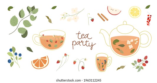 Big set of tea illustrations - glass pot, 2 cups, tea leaves, berries and fruits. With inscription - tea party. Isolated on white background.