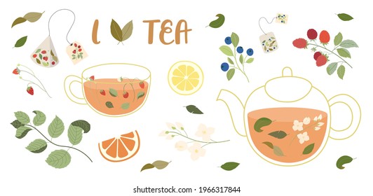 Big set of tea illustrations - glass pot, glass cup, tea bags, tea leaves, berries, jasmine, mint, lemon and orange slices. With lettering - I love tea. Isolated on white background.