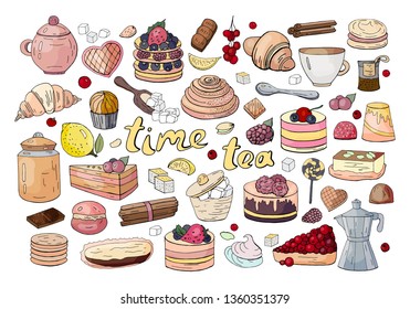 Big set of tea, pastry and sweets isolated on white background. Hand drawn tea time collection