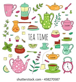 Big set of tea time. Colorful teapots, cups, leaves, cupcakes and sweets hand drawn on a white background. Vector illustration in cartoon style.