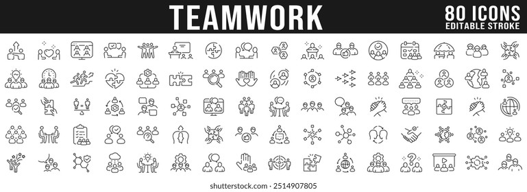 Big set of teamwork related line icons. Meeting, cooperation, together, support etc. Editable stroke