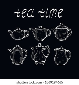 big set teapots , chalk vector isolated on black background. Concept for logo print, cards, menu 