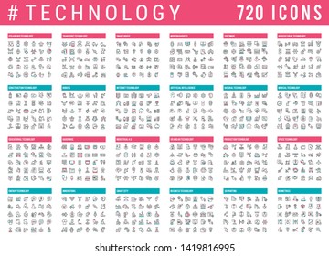 A big set of technology linear icons. Technological developments in various industries. Icons for websites, applications and creative projects.