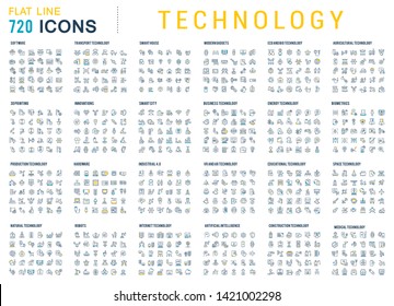 A big set of technology linear icons. Technological developments in various industries. Icons for websites, applications and creative projects.