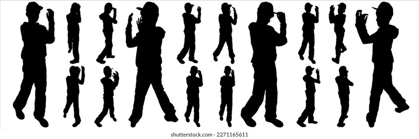 Big set of teenage silhouettes of hip-hop dancers on a white background. A teenager in a cap and tracksuit dances a break. Dancing boy in a hat. Black silhouettes of hip-hop dancers. Front view.