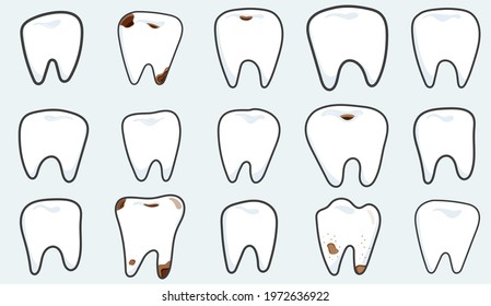 Big set with teeth, healthy teeth, caries, dental disease.