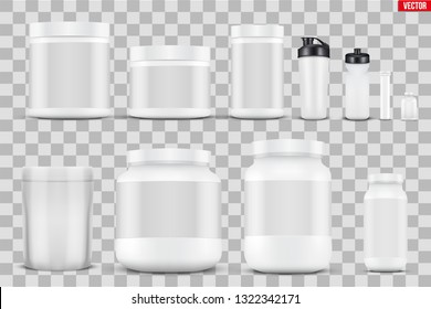 Big Set of Template Sport Nutrition Containers. Plastic Jars and foil package and drink bottle. White color. Vector Illustration isolated on transparent background