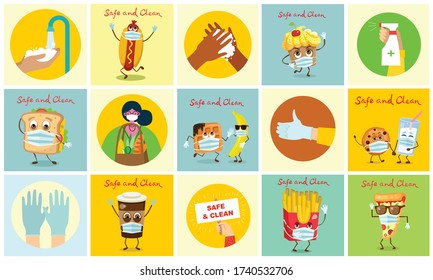 Big set of templates wash hands, hygiene, hands in gloves, stay home and healthcare. Funny meal in masks and gloves. Protect against virus concept design. Modern vector illustrations in flat style.