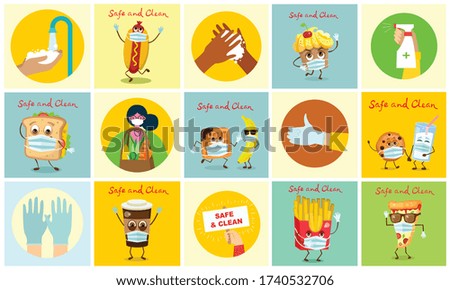 Big set of templates wash hands, hygiene, hands in gloves, stay home and healthcare. Funny meal in masks and gloves. Protect against virus concept design. Modern vector illustrations in flat style.