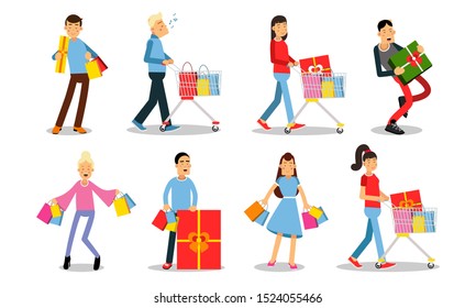 Big Set Of Ten Pictures With People In Shopping Process Vector Illustration