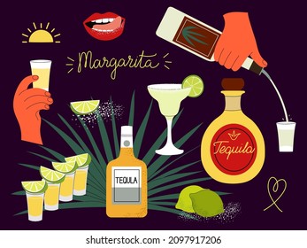 Big set of tequila party with bottles of tequila, shots with salt and lime, Margarita cocktail, blue agave, hands and lips. Vector hand drawn illustration