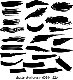 Big set of textured dry brush strokes of black paint
