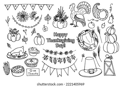 Big Set Of Thanksgiving Day Doodles. Illustration Of Celebration Dinner, Turkey, Autumn Harvest, Pumpkin, Decoration. Hand Drawn Black Line Art, Cartoon Style