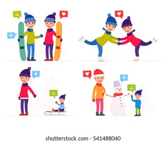 Big set theme family winter holiday. Vector illustration in cartoon style