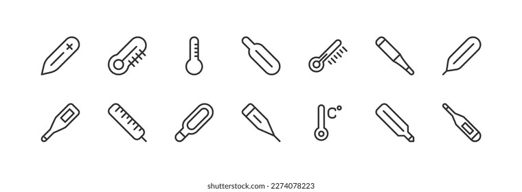 Big set of thermometer line icons. Vector illustration isolated on a white background. Premium quality symbols. Stroke vector icons for concept or web graphics. Simple thin line signs.