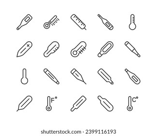 Big set of thermometer line icons. Vector illustration isolated on a white background. Premium quality symbols. Stroke vector icons for concept or web graphics. Simple thin line signs.