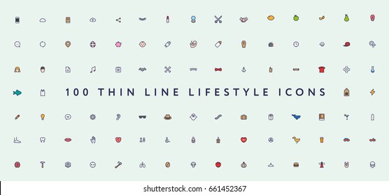 Big Set of Thin Color Line Stroke Miscellaneous Lifestyle Vector Icons. 