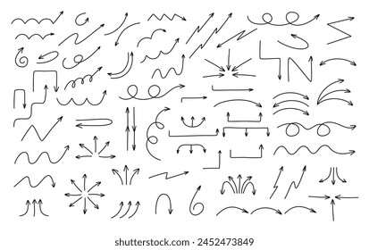 Big Set of thin hand drawn black arrows on white background. Isolated grunge elements for presentation, doing business, studying. Vector illustration of Eps10