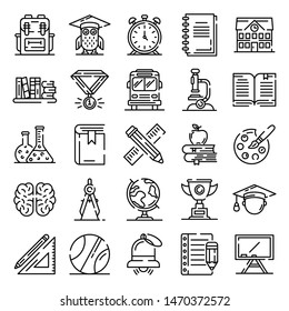 Big set of thin line icons about school, college, university life isolated on white. Outline stationary, educational tools pictograms collection. Vector elements for infographic, web.