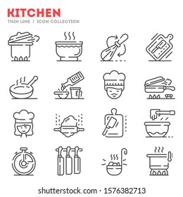 Big set of thin line icons related with chef, cook work, food isolated on white. Outline cookware pictograms collection, logotypes. Kitchen, canteen utensils vector elements for infographic, web.