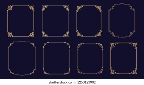 Big set of  thin vintage gold frame for your design. Vintage cover. Place for text. Vintage beautiful rectangular frame. Vector illustration.