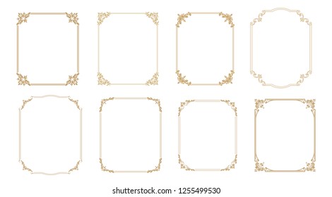 Big set of  thin vintage gold frame for your design. Vintage cover. Place for text. Vintage beautiful rectangular frame. Vector illustration.