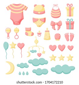 A big set of things for a newborn isolated on a white background. Collection for girls in pink color. Cap, bib, panties, clacks, bottle, pacifier, sock, bow, mitten. Vector illustration.