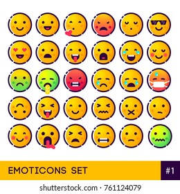 Big Set of thirty high quality vector cartoonish emoticons, in rough flat line design style. Vector illustration.