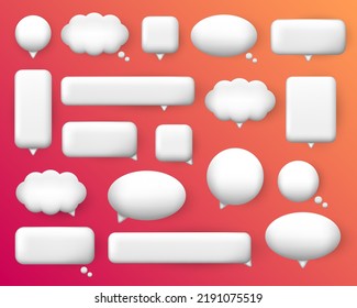 Gran conjunto de dibujos animados tridimensionales burbuja de voz de forma diferente - redondo, rectangular, esponjoso, etc. Pegatinas grandes y pequeñas de nubes de chat blancas. Diálogo, discusión, mensajes en línea iconos 3d.