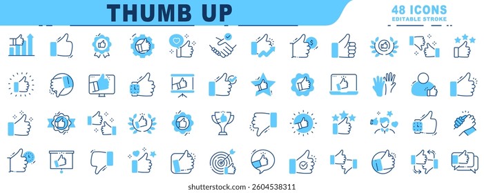 Big set of thumb up related filled line icons. Editable stroke