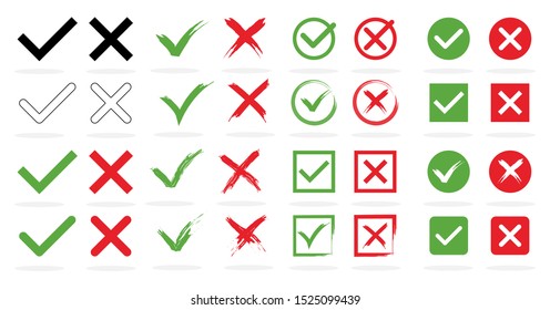 Big set of tick and cross signs. Green check mark OK and red NO icon of different design on white background. Simple marks graphic design. Vector illustration.