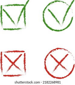 Big set of tick and cross signs. Check mark OK and NO icon of different design on white background. Sign ok and confirm, tick check mark confirm illustration.