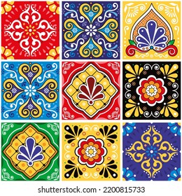 Big set tiles vector seamless design, Mexican folk art style talavera pattern - mix of different tiles. Retro floral and geometric tile background - big collection, vibrant decor

