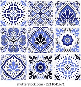 Baldosas grandes vectoriales diseño sin fisuras, estilo de arte folclórico mexicano patrón de talavera - mezcla de diferentes baldosas en azul marino. Fondo retro de azulejos florales y geométricos - gran colección, decoración índigo