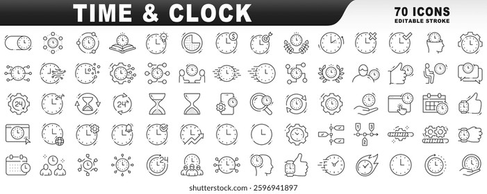 Big set of time related line icons. Editable stroke