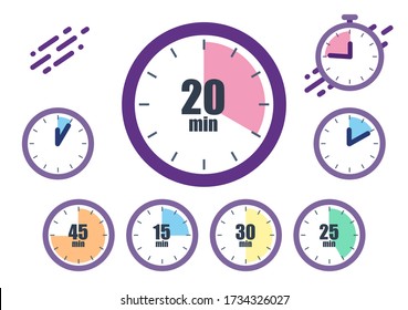 Big Set timers. Concept quickly approaching deadline. Clock icons with minutes remaining before the deadline and stopwatch. Flat style vector illustration.