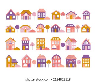 Big set of tiny houses with trees and bushes in flat style, small town, colorful facades