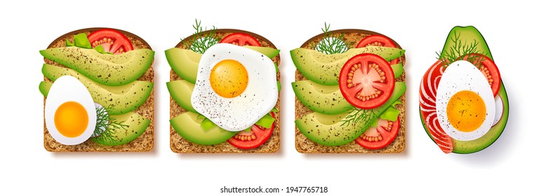Big set toasts with fresh slices of ripe avocado, seasoning and dill, tomato, fried egg and red fish. Delicious avocado sandwich. svg