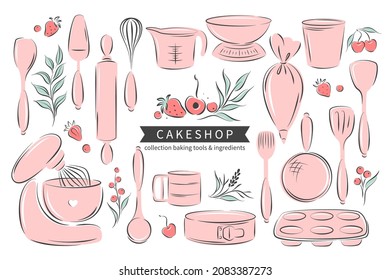 Big set tools, accessories and Ingredients  for cooking, baking items  dessert and pastry dishes. Whisk, cutlery, spatulas, mixer, scale. Vector illustration 