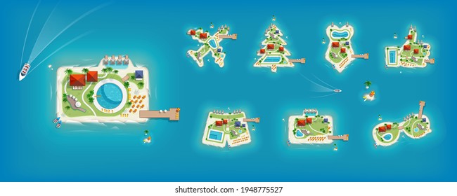 Big set with Top view Island in the form of a camera, aircraft, shorts, suitcase, sunglasses, swimsuit and Christmas tree for Travel and tourism design.