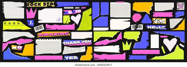 Big set of torn and crumpled collage paper. Torn pieces of paper,text clippings, checkered notebook sheets. Modern vector illustration.