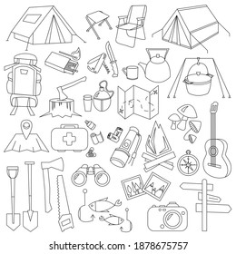 Big set of tourism, travel, hiking illustrations. Black and white travel icons isolated on white background. Linear hiking icons, separate objects, can be used as stickers. Stock vector illustration.